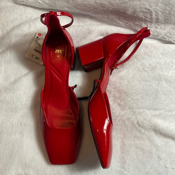 Zara Mary Jane Red Square Toe Ankle Strap Block Heel Patent Block Heels Sz EU 41 - Picture 1 of 6